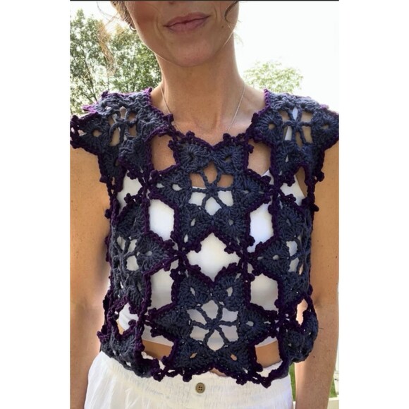 Crochet Summer Top Floral Knit handmade Boho hippie Blue Crop Top - Picture 8 of 8